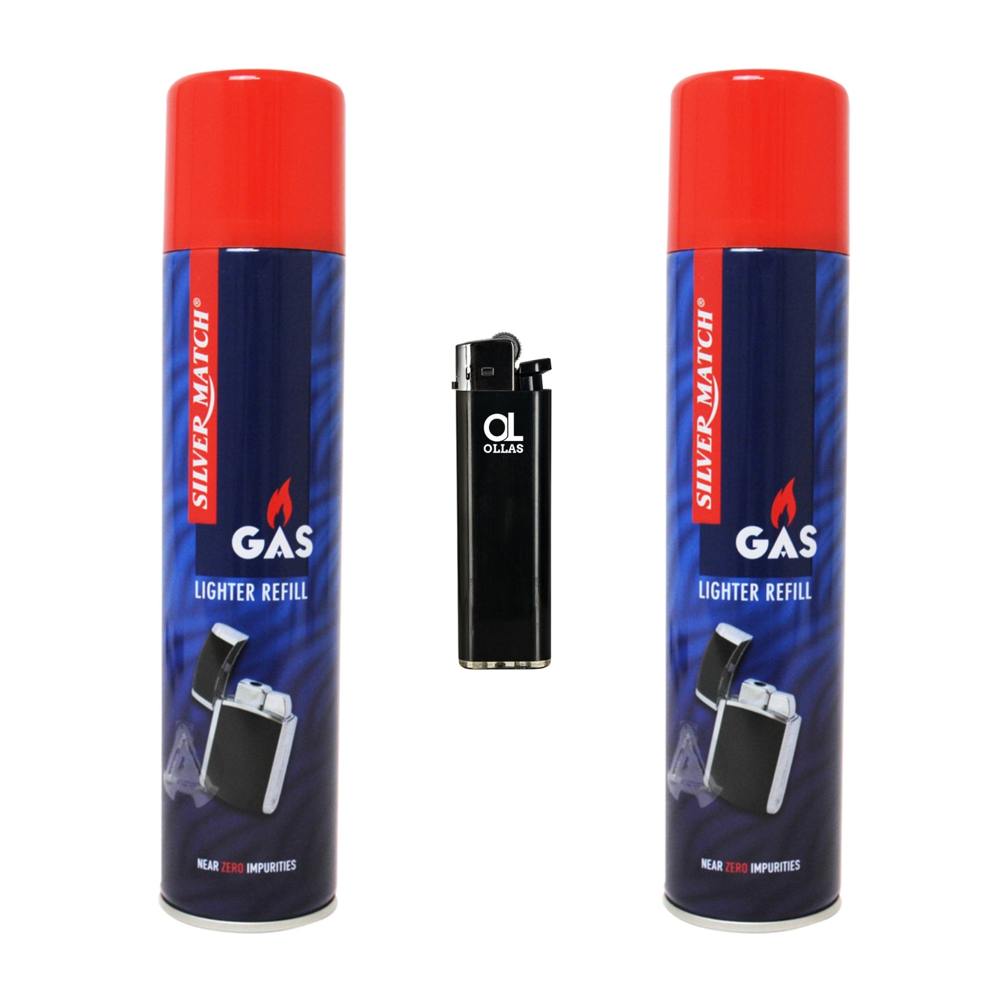 2x Silver Match Feuerzeuggas 300ml + ollas® Feuerzeug – Nachfüllgas Set inkl. Stabfeuerzeug/Flaschenöffner/Klassisches Gasfeuerzeug – Butangas Nachfüll-Set