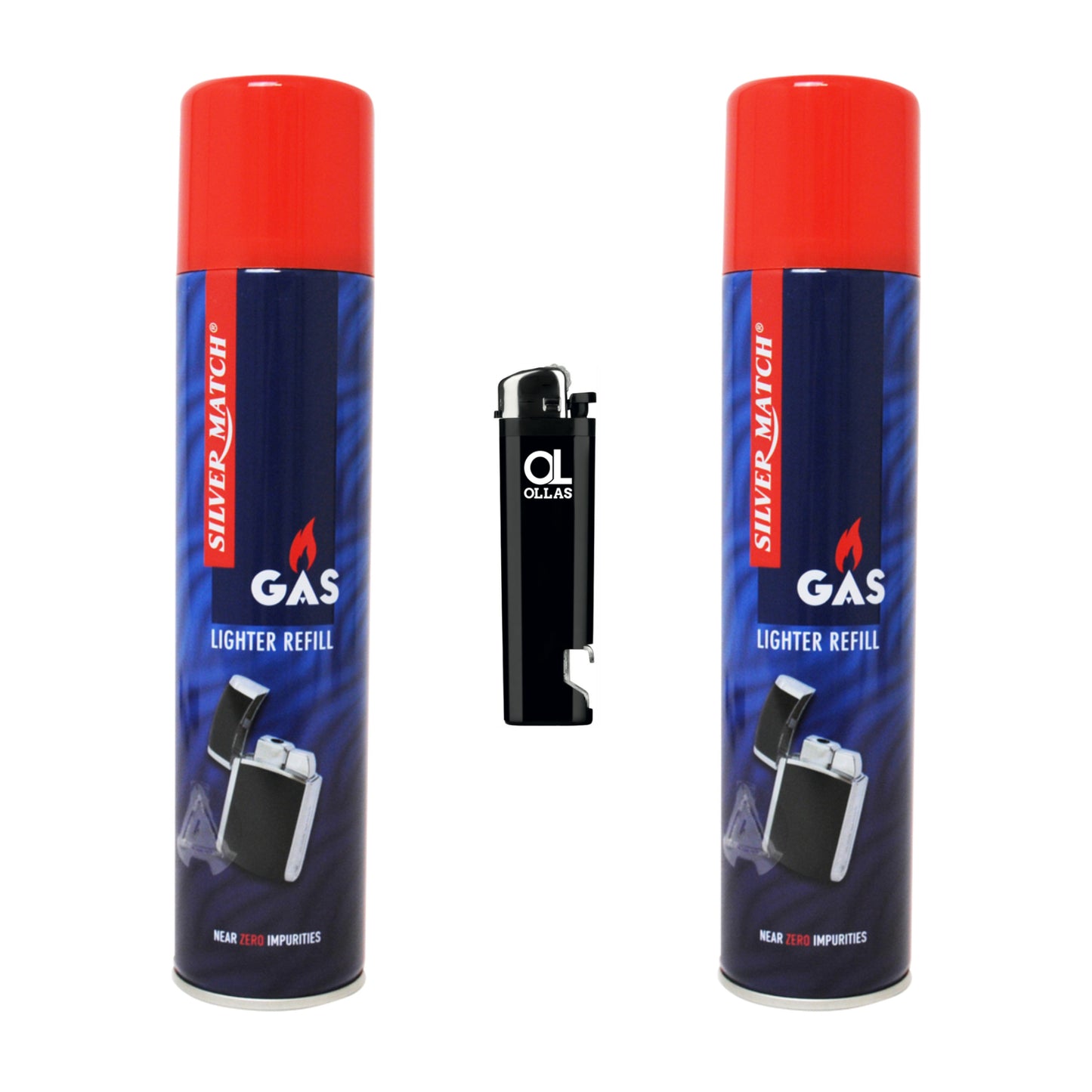 2x Silver Match Feuerzeuggas 300ml + ollas® Feuerzeug – Nachfüllgas Set inkl. Stabfeuerzeug/Flaschenöffner/Klassisches Gasfeuerzeug – Butangas Nachfüll-Set