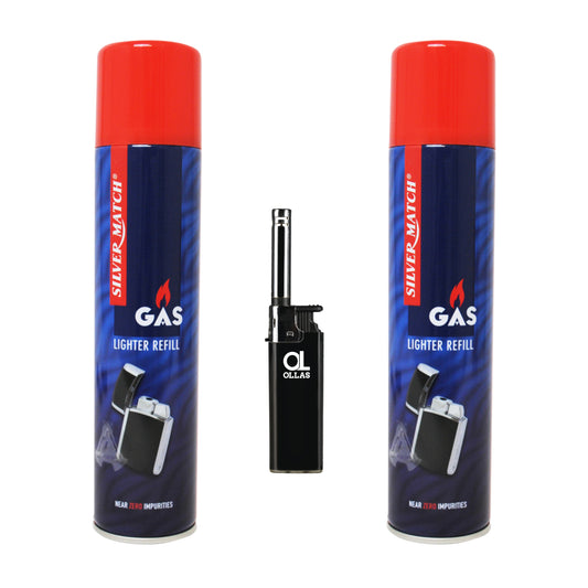 2x Silver Match Feuerzeuggas 300ml + ollas® Feuerzeug – Nachfüllgas Set inkl. Stabfeuerzeug/Flaschenöffner/Klassisches Gasfeuerzeug – Butangas Nachfüll-Set